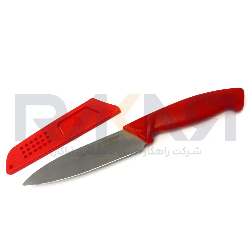 Knife with red plastic handle and sheath چاقو دسته پلاستیکی غلاف دار قرمز