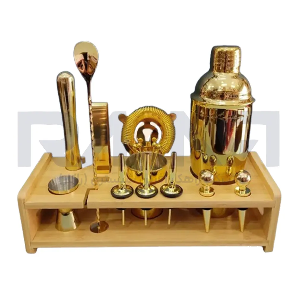 14-piece golden cold bar set with wooden base ست بار سرد طلایی با پایه چوبی 14 تکه