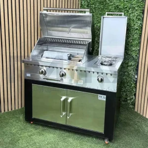 باربیکیو ۱۱۰ سانت شعله دار بالااستیل کابین مشکی نما درب استیل عرض ۶۰