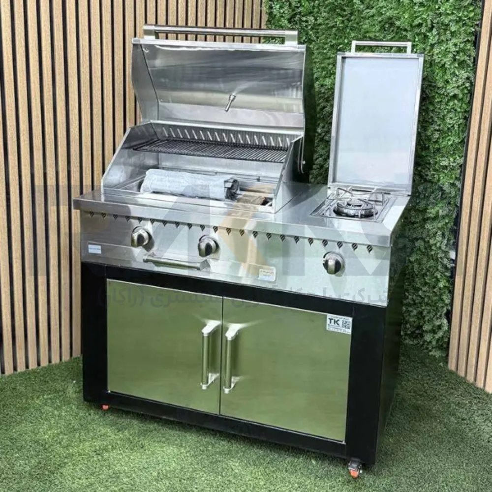 باربیکیو ۱۱۰ سانت شعله دار بالااستیل کابین مشکی نما درب استیل عرض ۶۰