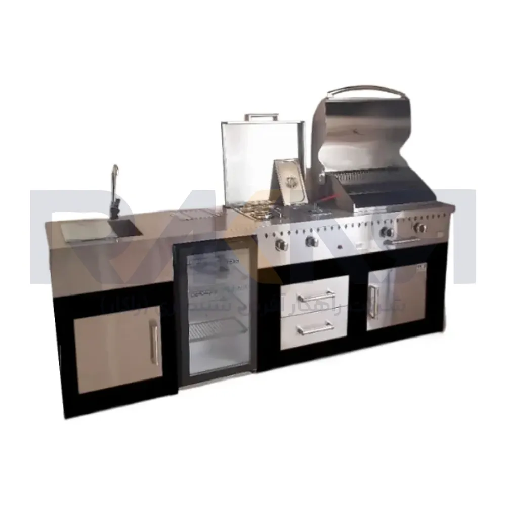 Barbecue 242 cm complete with refrigerator steel top steel front cabin width 60 باربیکیو ۲۴۲ سانت کامل یخچالدار بالا استیل کابین نما استیل عرض ۶۰