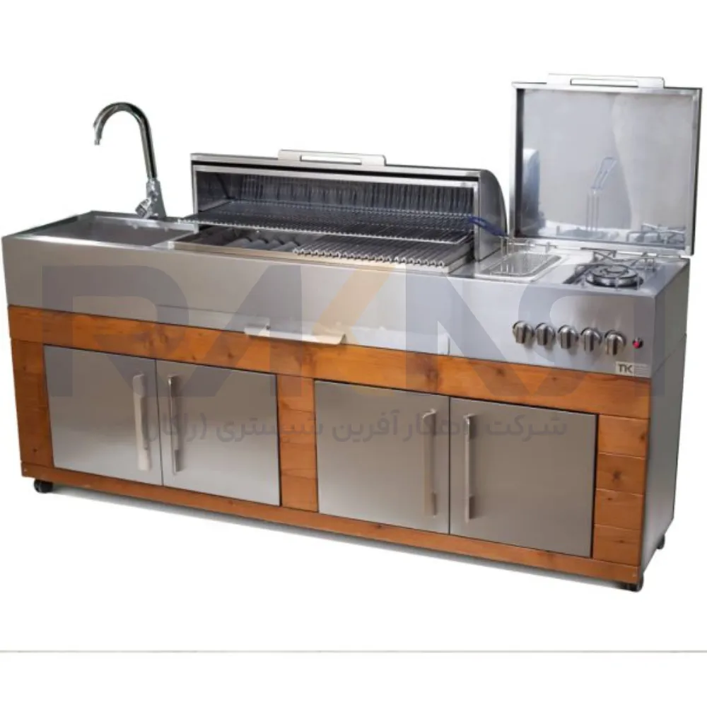 Custom barbecue island 200 cm steel thermowood half-moon door width 50 باربیکیو آیلند سفارشی ( ۲۰۰ سانت استیل ترموود درب نیم هلال عرض ۵۰ )