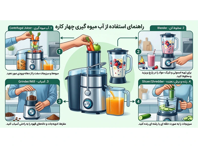 راهنمای گام به گام نحوه استفاده از آب میوه گیری چهار کاره نحوه استفاده از آب میوه گیری چهار کاره