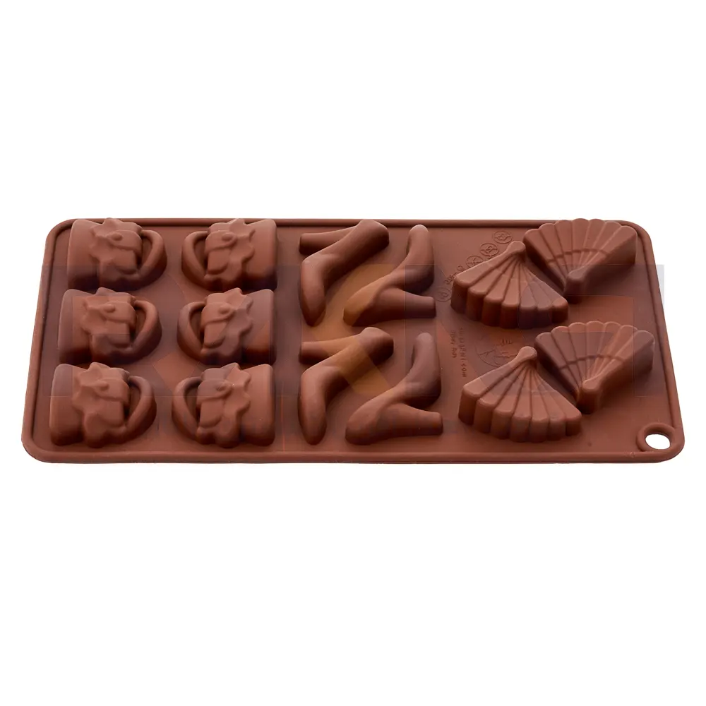 Silicone chocolate mold with bag shoe and fan design قالب سیلیکونی شکلات طرح کیف وکفش وبادبزن