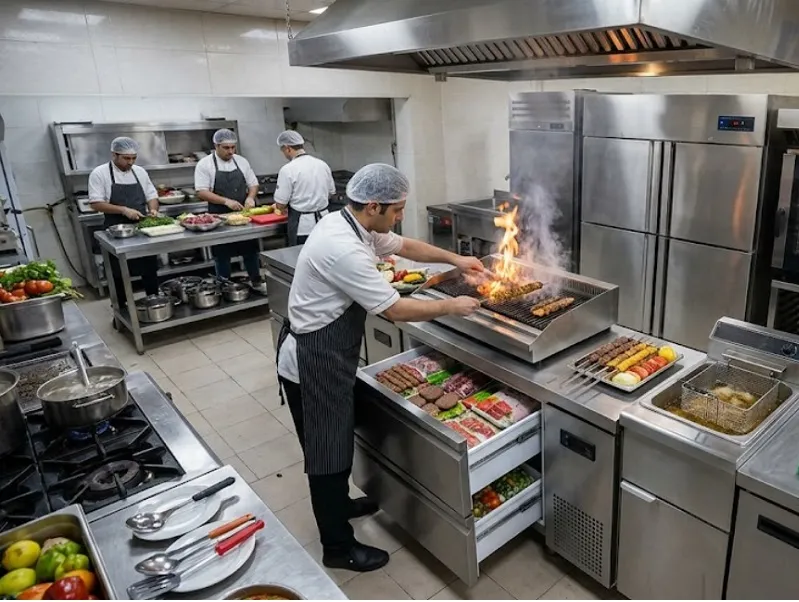اجزای انتقال حرارت؛ کندانسور و اواپراتور فریزر زیر گریل تمام استیل آشپزخانه صنعتی