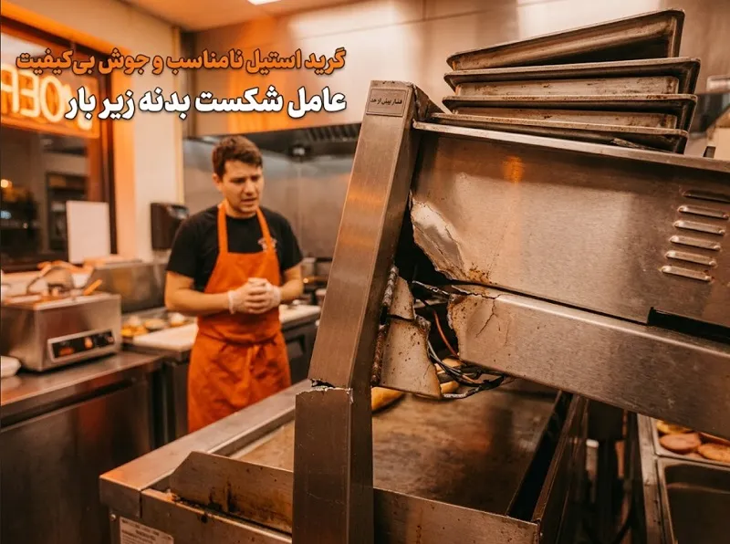 ۵ خطای پرهزینه در خرید فر ساندویچ؛ قبل از انتخاب تجهیزات فست فود بخوانید اشتباه دوم: بیتوجهی به گرید استیل، ضخامت ورق و کیفیت جوش (جایی که بدنه زیر بار میشکند)