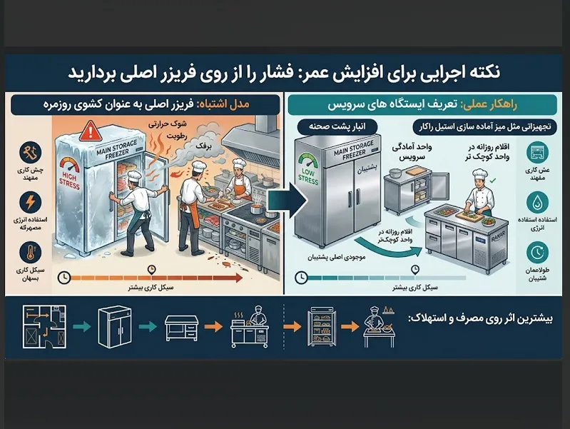 مقایسه فریزر صندوقی و ایستاده صنعتی؛ کدام برای رستوران شما مناسب است؟ نکته اجرایی برای افزایش عمر: فشار را از روی فریزر اصلی بردارید