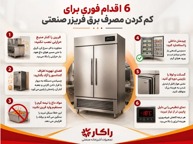 راهکارهای کاهش مصرف برق فریزر صنعتی + ۵ ترفند برای بهینه سازی سیستمهای برودتی 6 اقدام فوری برای کم کردن مصرف برق فریزر صنعتی