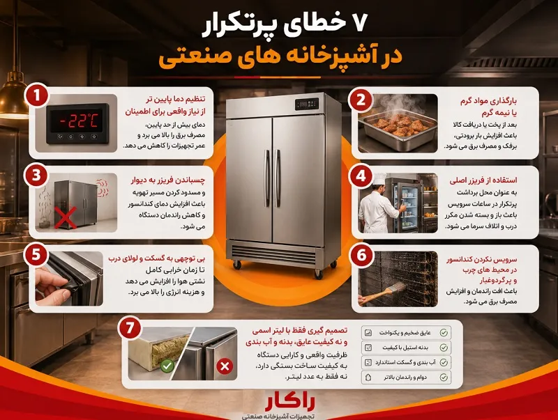 راهکارهای کاهش مصرف برق فریزر صنعتی + ۵ ترفند برای بهینه سازی سیستمهای برودتی 7 خطای پرتکرار در آشپزخانه های صنعتی در مصرف برق فریزر صنعتی