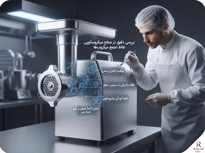 بهداشت تجهیزات فرآوری گوشت؛ ۵ راهکار جلوگیری از رشد باکتری پروتکل گام به گام ضدعفونی کردن چرخ گوشت، اره و بیفتک زن